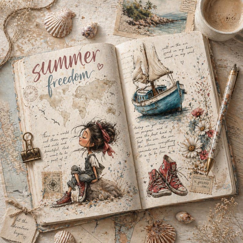 May include: An open journal with the words "Summer Freedom" and a world map illustration. The journal features drawings of a boat, a girl, and red sneakers. Seashells, a pen, and a cup of coffee are arranged around the journal.
