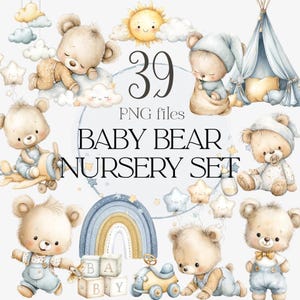 Puede incluir: Ilustración digital de un conjunto de guardería de osos bebés. La imagen incluye ilustraciones de osos bebés, un arcoíris, estrellas, nubes y un tipi. El texto dice "39 archivos PNG" y "Baby Bear Nursery Set". La paleta de colores incluye azules, amarillos y marrones suaves.