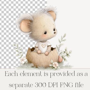 K&ouml;nnte beinhalten: Aquarell-Illustration einer niedlichen Maus in einem Ei, die ein wei&szlig;es Hemd mit Herz tr&auml;gt. Mit floralen Elementen und dem Text: "Jedes Element wird als separate 300 DPI PNG-Datei bereitgestellt."
