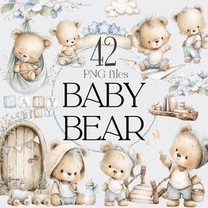 Teddy Bear Clipart PNG, Baby Bear Nursery PNG, Blue Teddy Bear Clipart, Watercolor Teddy Bear, Woodland Animals PNG, Baby Shower Teddy Bear