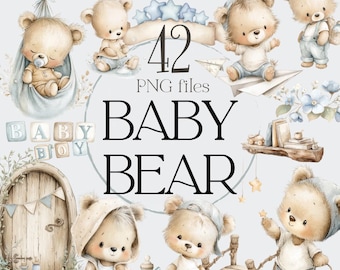 Oso de peluche PNG, Oso bebé para guardería PNG, Oso de peluche azul, Oso de peluche de acuarela, Animales del bosque PNG, Oso de peluche para baby shower