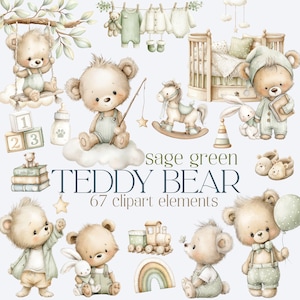 Grön nallebjörn Clipart, salviagrön babybjörn Clipart, nallebjörn PNG, babypojke barnrumsdekor, babyshower PNG, salviagrönt barnrum