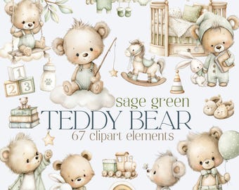Green Teddy Bear Clipart, Sage Green Baby Bear Clipart, Teddy Bear PNG, Baby Boy Nursery Decor, Baby Shower PNG, Sage Green Nursery