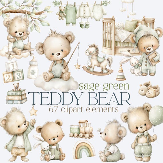 Green Teddy Bear Clipart, Sage Green Baby Bear Clipart, Teddy Bear PNG, Baby Boy Nursery Decor, Baby Shower PNG, Sage Green Nursery