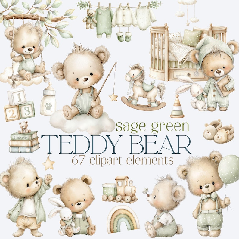 Green Teddy Bear Clipart collection featuring 67 watercolor sage green baby bear illustrations, nursery decor elements, baby boy clipart, toys, furniture and printable PNG files for baby shower and nursery designs.
