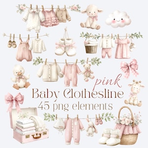 Puede incluir: Una colección digital de ilustraciones en acuarela con ropa de bebé rosa, incluyendo monos, vestidos y jerséis colgados en tendederos, junto a peluches, cestas, lazos y una maleta con el texto pink Baby Clothesline 45 png elements.