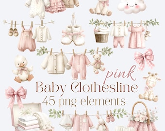 Baby Girl Clothesline Clipart, Pink Baby Clothes PNG, Watercolor Baby Shower Clipart, Newborn Clothes Art, Nursery Decor, Invitation Clipart