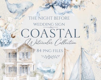 Coastal Wedding Clipart, Beach Watercolor PNG Bundle, Night Before Sign Elements (Digital Download)