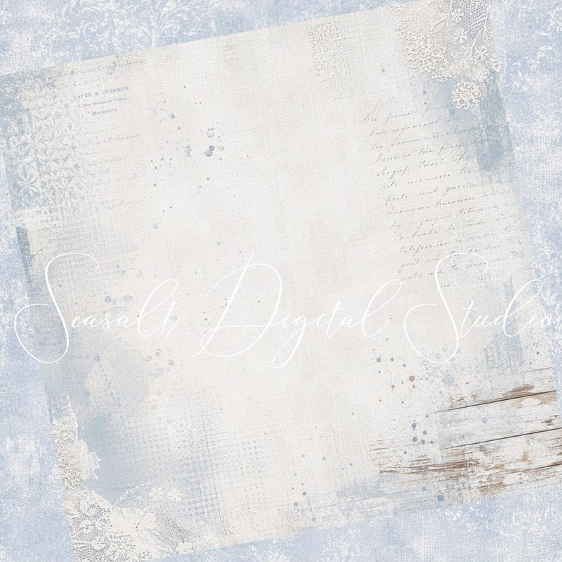 Puede incluir: Un papel digital con una paleta de colores azul claro y blanco, texturas desgastadas, escritura vintage, patrones de encaje sutiles y un efecto de veta de madera en la esquina, superpuesto con el texto Seasalt Digital Studio.