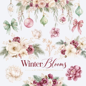May include: A digital collection of watercolor illustrations titled Winter Blooms 47 PNG elements, featuring cream and burgundy flowers, green pine branches, pinecones, pink and green Christmas ornaments, and bows in a soft color palette.