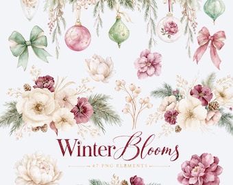 Winter Elegant Burgundy Floral Clipart, Christmas Floral PNG, Winter Greenery Clipart, Christmas Botanical Clipart Bundle