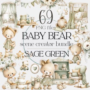 Può includere: Un pacchetto di arte digitale con illustrazioni ad acquerello di orsetti, culle, cavalli a dondolo ed elementi per la cameretta. Il testo recita "69 file PNG, Baby Bear scene creator bundle, Sage Green."
