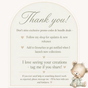 Thank you card included with this Green Teddy Bear Clipart digital download, featuring a smiling sage green teddy bear and customer information in a soft neutral nursery design.