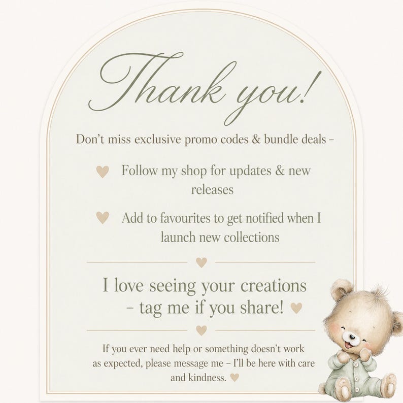 Thank you card included with this Green Teddy Bear Clipart digital download, featuring a smiling sage green teddy bear and customer information in a soft neutral nursery design.