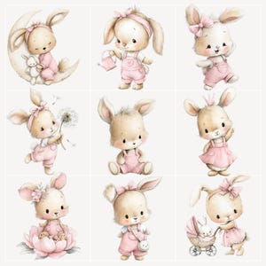 May include: Nine watercolor illustrations of adorable bunnies in various poses. The bunnies are depicted in soft, pastel colors, wearing pink outfits and accessories. Some bunnies are holding objects like a watering can, a dandelion, or a baby carriage. The overall theme is cute and whimsical.