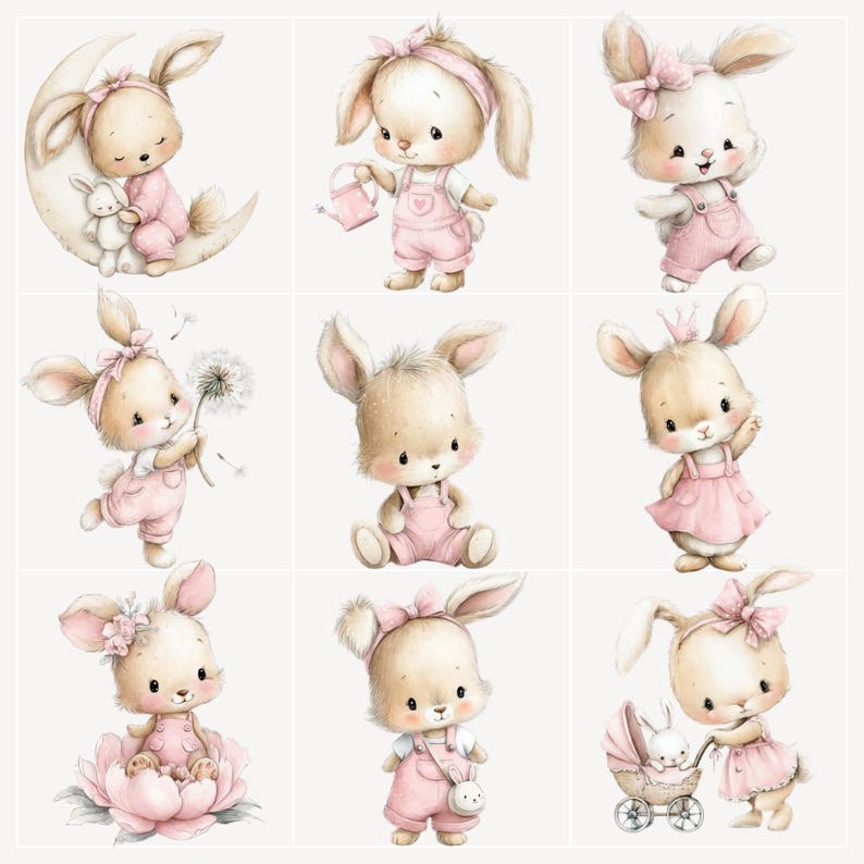 May include: Nine watercolor illustrations of adorable bunnies in various poses. The bunnies are depicted in soft, pastel colors, wearing pink outfits and accessories. Some bunnies are holding objects like a watering can, a dandelion, or a baby carriage. The overall theme is cute and whimsical.