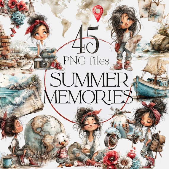 Boho Whimsical Girls Summer Travel Clipart Bundle (Digital Download)