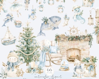 Coastal Christmas Clipart PNG, Nautical Holiday Watercolor, Beach Christmas, Seaside Graphics, Ocean Christmas, Seashell Christmas Bundle