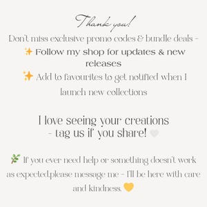 May include: Cream-colored graphic with the words "Thank you!" in elegant script. Text below encourages customers to follow the shop for updates, add to favorites, and share creations. A heart and leaf icon are also included.