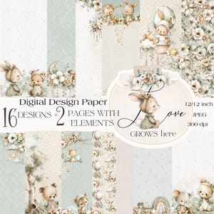 Sage Green Digital Paper Pack- Neutral Boho Baby Woodland Scrapbook Paper, Sage Green Baby Nursery Backgrounds