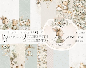 Paquete de papel digital verde salvia: papel de scrapbooking de bosque con temática bohemia neutra para bebés, fondos de guardería verde salvia para bebés.