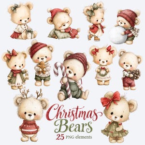 Könnte beinhalten: Eine Sammlung von elf Teddybär-Illustrationen im Aquarellstil mit verschiedenen Feiertagsmotiven, darunter Bären mit Zuckerstangen, Lebkuchen, Tannenzapfen, Schneebällen und Schleifen, mit dem Text Christmas Bears 25 PNG elements.