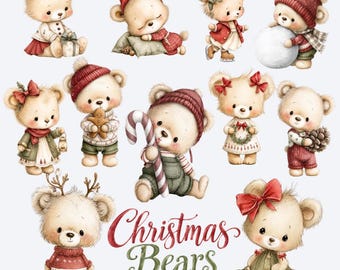 Christmas Teddy Bear Clipart PNG, Watercolor Holiday Bear, Winter Woodland Animals, Cute Bears PNG, Nursery Clipart, Christmas Baby Shower