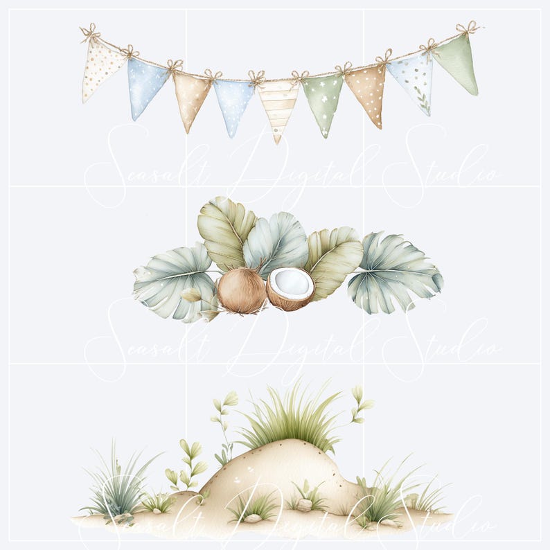 Puede incluir: Un conjunto de ilustraciones digitales que incluye una guirnalda de banderines triangulares con patrones en tonos pastel, un grupo de hojas de palmera tropical con un coco entero y otro partido, y un paisaje de dunas con hierba verde.