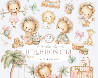 Baby Lion Clipart, Pink Safari Clipart, Girl Baby Shower, Jungle Nursery PNG, Watercolor Wild Animal Clipart, Baby Girl Nursery