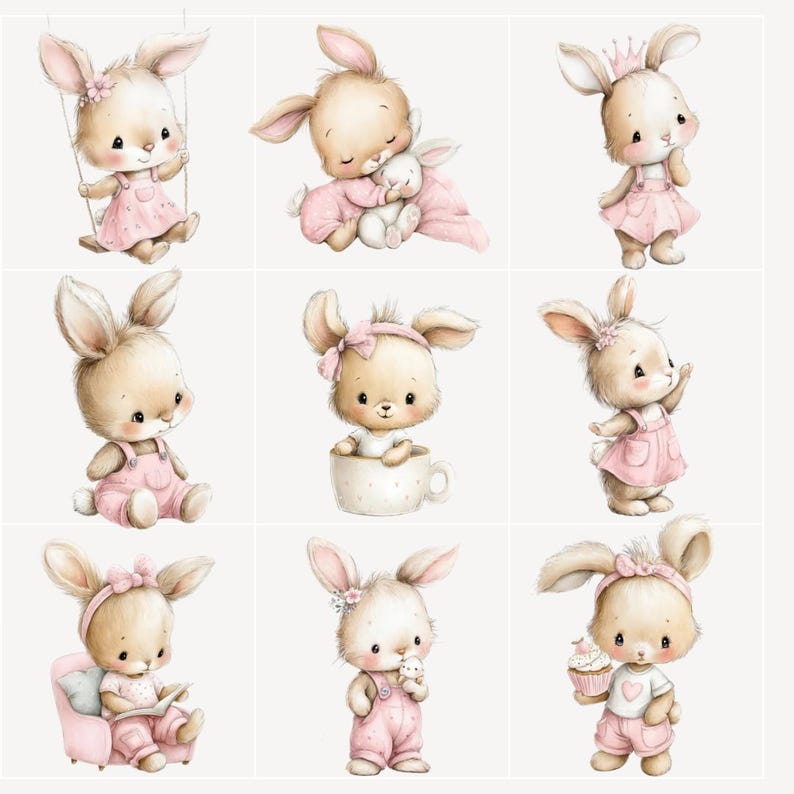 Cute Baby Bunny Clipart Set, Watercolor Pink Rabbit Clipart, Bunny Characters PNG, Baby Shower Bunny, Nursery Bunny Illustration image 4