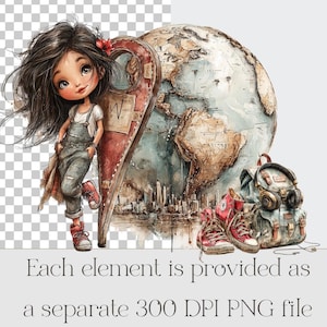 May include: A digital illustration featuring a young girl in overalls, red sneakers, and a red flower in her hair, leaning against a heart-shaped object. A globe and backpack are also present. The text reads: "Each element is provided as a separate 300 DPI PNG file."