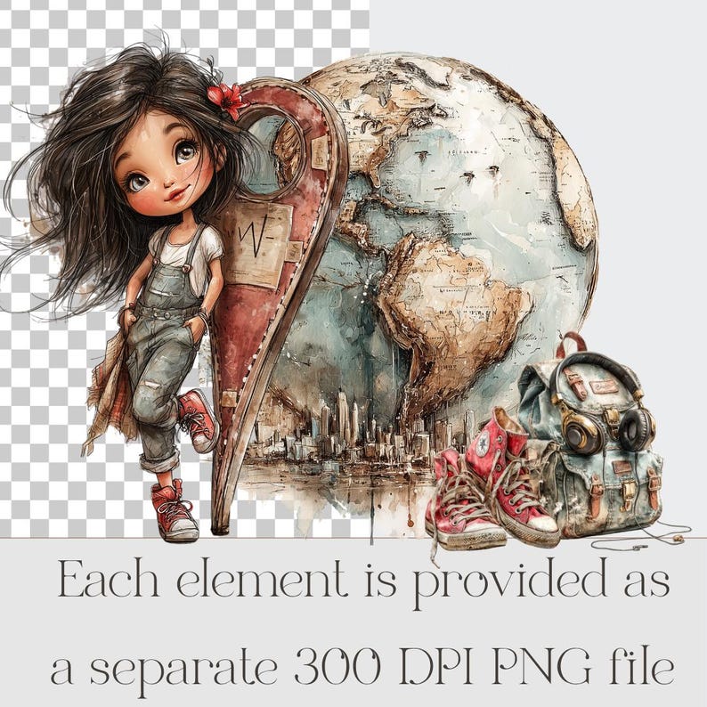 May include: A digital illustration featuring a young girl in overalls, red sneakers, and a red flower in her hair, leaning against a heart-shaped object. A globe and backpack are also present. The text reads: "Each element is provided as a separate 300 DPI PNG file."