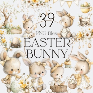 May include: A digital illustration featuring several adorable Easter bunnies in various poses, surrounded by floral elements and Easter eggs. The text "39 PNG files" and "Easter Bunny" are prominently displayed, suggesting a collection of digital graphics.