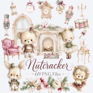 Op de afbeelding: Een digitale collectie van aquarelillustraties met een open haard, een trommelende teddybeer, een ballerina-beer, een konijn, een egel, een notenkraker, een koekoeksklok, een trommel, een roze fauteuil en bloemen met de tekst Nutcracker 69 PNG Files.