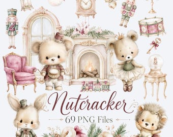 Nutcracker Clipart PNG Bundle, Christams Woodland Animals, Nutcracker Ballet Clipart, Watercolor Christmas Nursery Clipart, Holiday Clipart