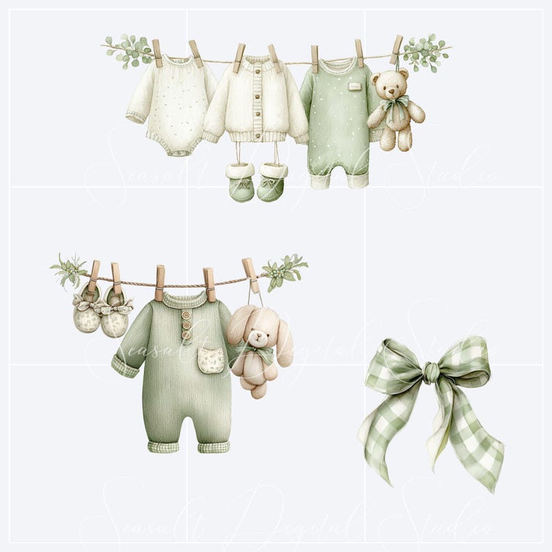 May include: A watercolor illustration featuring two clotheslines with sage green and cream baby clothing, including a bodysuit, cardigan, booties, a romper, a teddy bear, a plush rabbit, and a large sage green and white gingham check fabric bow.