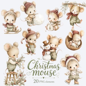 May include: A collection of watercolor illustrations featuring mice in winter clothing, including hats and scarves, engaged in holiday activities like sledding, building snowmen, and decorating, with the text Christmas mouse 20 PNG elements.