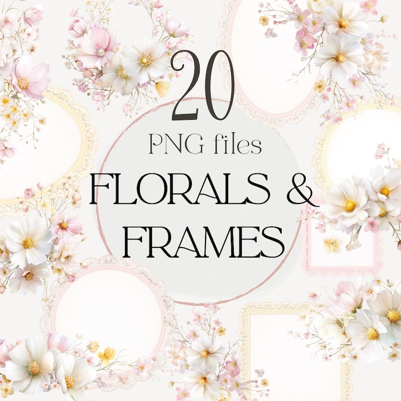 pastel floral frames clipart png bundle, daisy flowers clipart, feminine wedding frames, soft nursery design