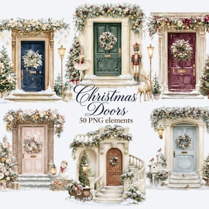 Può includere: Una collezione di sei porte natalizie illustrate in vari colori, tra cui blu navy, verde, bordeaux, rosa, marrone e azzurro. Ogni porta presenta una ghirlanda festiva, festoni e decorazioni natalizie come schiaccianoci e pupazzi.