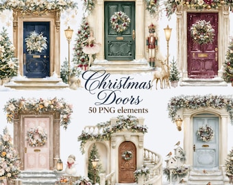 Christmas Door Clipart PNG, Watercolor Festive Front Doors with Wreaths, Garlands, Lanterns, Nutcracker & Ballerina Details, Winter Doorways