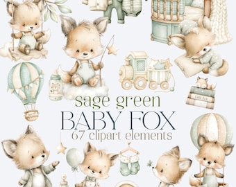 Baby Fox Clipart PNG Bundle, Woodland Nursery Clipart, Watercolor Fox, Baby Boy Nursery, Sage Green Nursery, Baby Shower Clipart