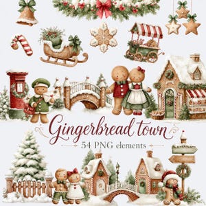 Puede incluir: Una colección digital de 54 elementos de pueblo de pan de jengibre en estilo acuarela que incluye figuras, casas, un buzón, un trineo, un puente y decoraciones festivas con el texto Gingerbread town 54 PNG elements.