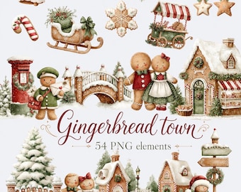 Gingerbread House Clipart Bundle, Gingerbread Town Clipart, Watercolor Christmas Gingerbread Village PNG, Gingerbread Characters