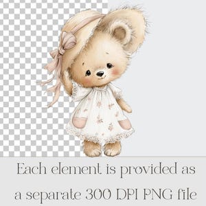 Peut inclure: Illustration &agrave; l'aquarelle d'un ours en peluche portant une robe blanche orn&eacute;e de motifs floraux roses et un chapeau assorti avec un n&oelig;ud. Le texte en bas indique : Chaque &eacute;l&eacute;ment est fourni sous forme de fichier PNG 300 DPI s&eacute;par&eacute;.