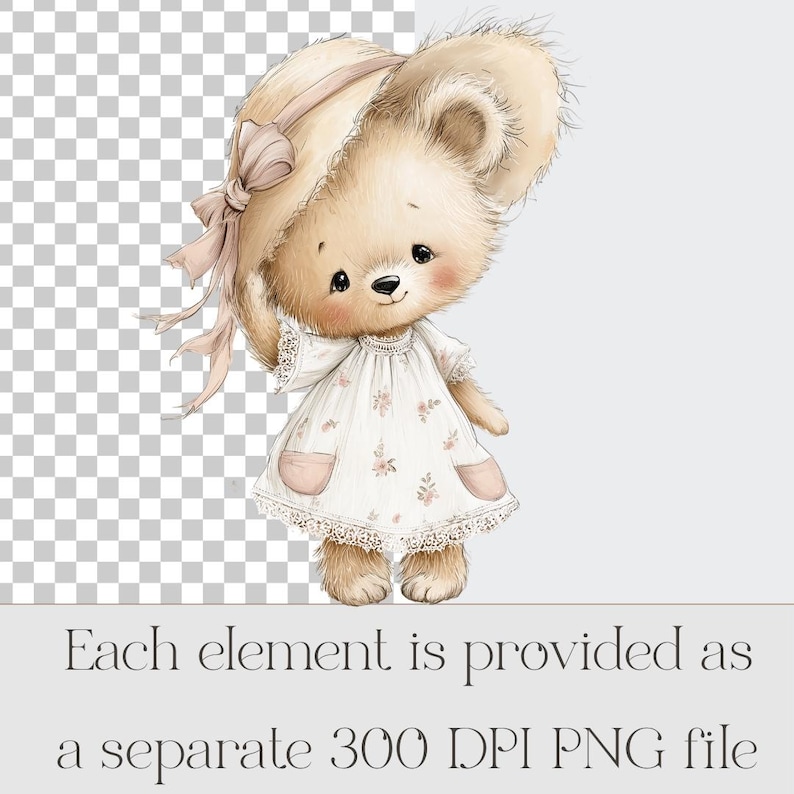 Peut inclure: Illustration &agrave; l'aquarelle d'un ours en peluche portant une robe blanche orn&eacute;e de motifs floraux roses et un chapeau assorti avec un n&oelig;ud. Le texte en bas indique : Chaque &eacute;l&eacute;ment est fourni sous forme de fichier PNG 300 DPI s&eacute;par&eacute;.