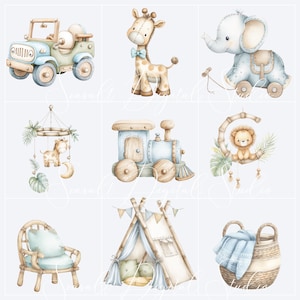 Puede incluir: Una colecci&oacute;n de nueve ilustraciones en acuarela que incluyen un jeep de juguete azul claro, una jirafa con pajarita azul, un elefante azul sobre ruedas, un m&oacute;vil con jirafa, un tren azul, un le&oacute;n en una luna creciente, una silla de rat&aacute;n, un tipi y una cesta.