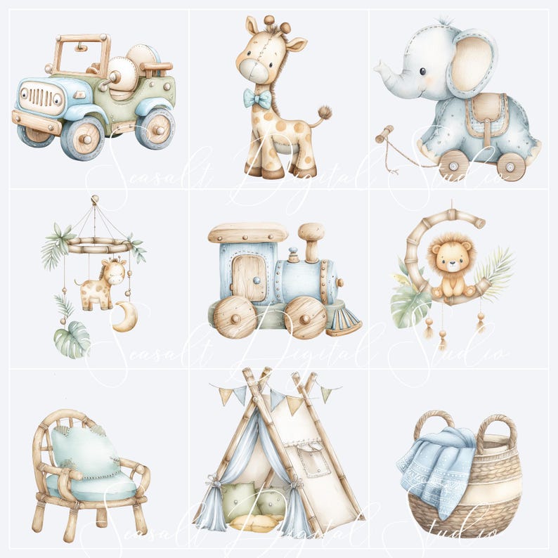 Puede incluir: Una colecci&oacute;n de nueve ilustraciones en acuarela que incluyen un jeep de juguete azul claro, una jirafa con pajarita azul, un elefante azul sobre ruedas, un m&oacute;vil con jirafa, un tren azul, un le&oacute;n en una luna creciente, una silla de rat&aacute;n, un tipi y una cesta.