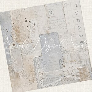 Puede incluir: Un papel de collage digital con est&eacute;tica vintage que presenta elementos superpuestos como pergamino envejecido, escritura cursiva, sellos postales, n&uacute;meros y delicados patrones de encaje blanco en tonos beige, crema y gris suave.