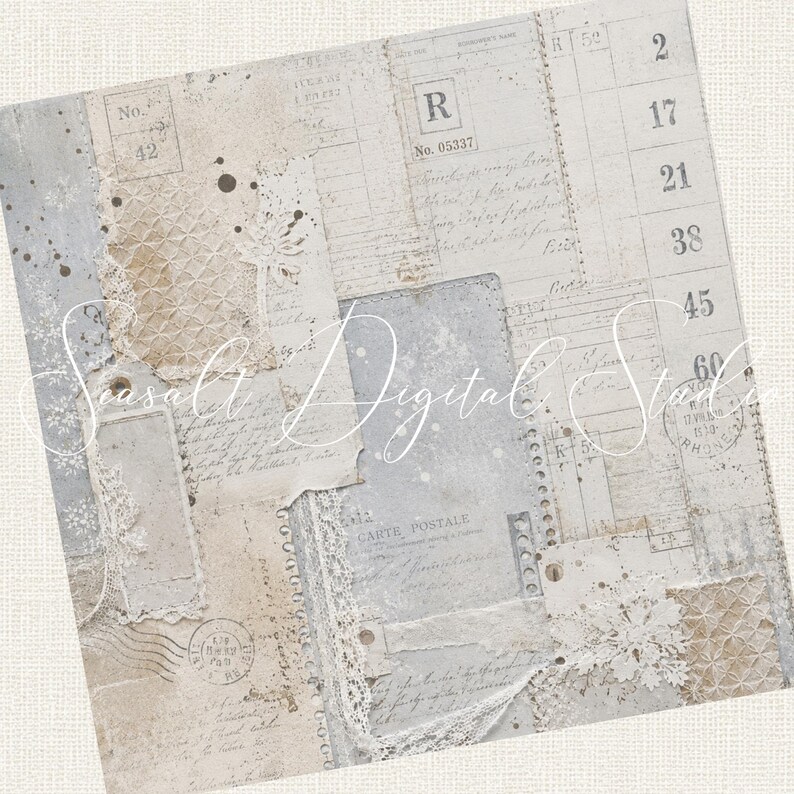 Puede incluir: Un papel de collage digital con est&eacute;tica vintage que presenta elementos superpuestos como pergamino envejecido, escritura cursiva, sellos postales, n&uacute;meros y delicados patrones de encaje blanco en tonos beige, crema y gris suave.