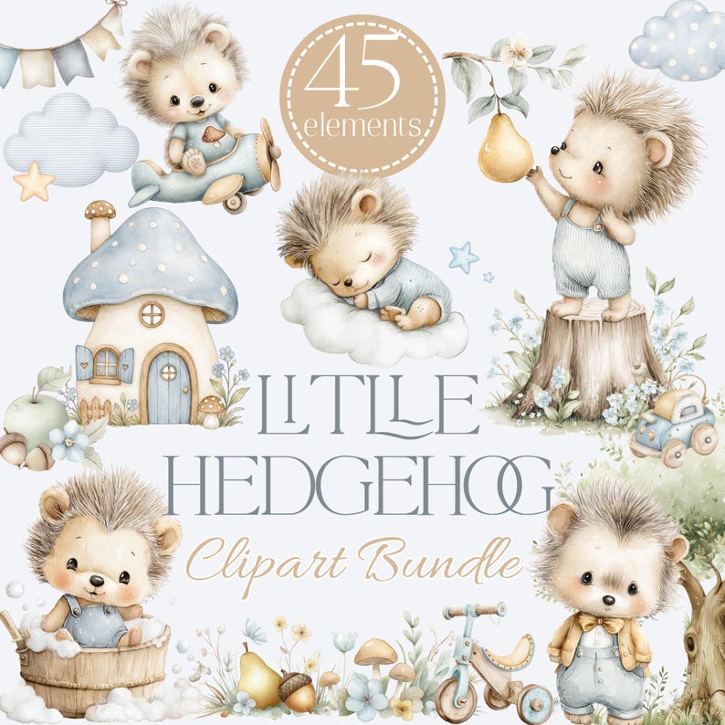 Woodland nursery hedgehog clipart bundle with 45 watercolor forest animal elements for baby boy nursery designs